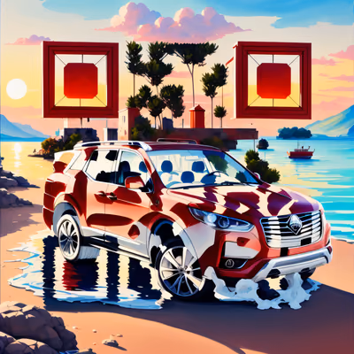 Красный внедорожник на берегу озера на закате: QR-код в гуаши для постеров — изображение 1