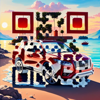 Красный внедорожник на берегу озера на закате: QR-код в гуаши для постеров