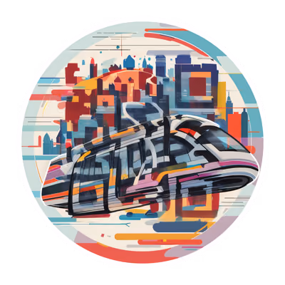 Футуристичный монорельс на фоне города: векторный QR-код для наклеек — изображение 1