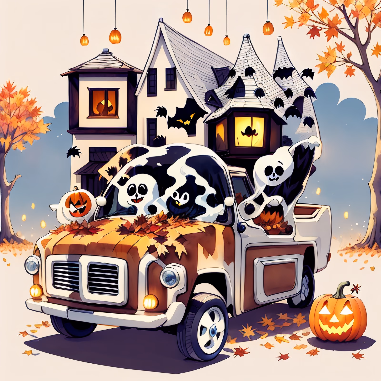 Ghost Pickup Truck Halloween Cartoon QR Code for Posters — image 1