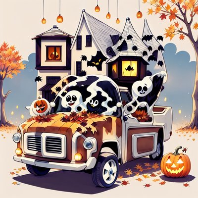 Ghost Pickup Truck Halloween Cartoon QR Code for Posters