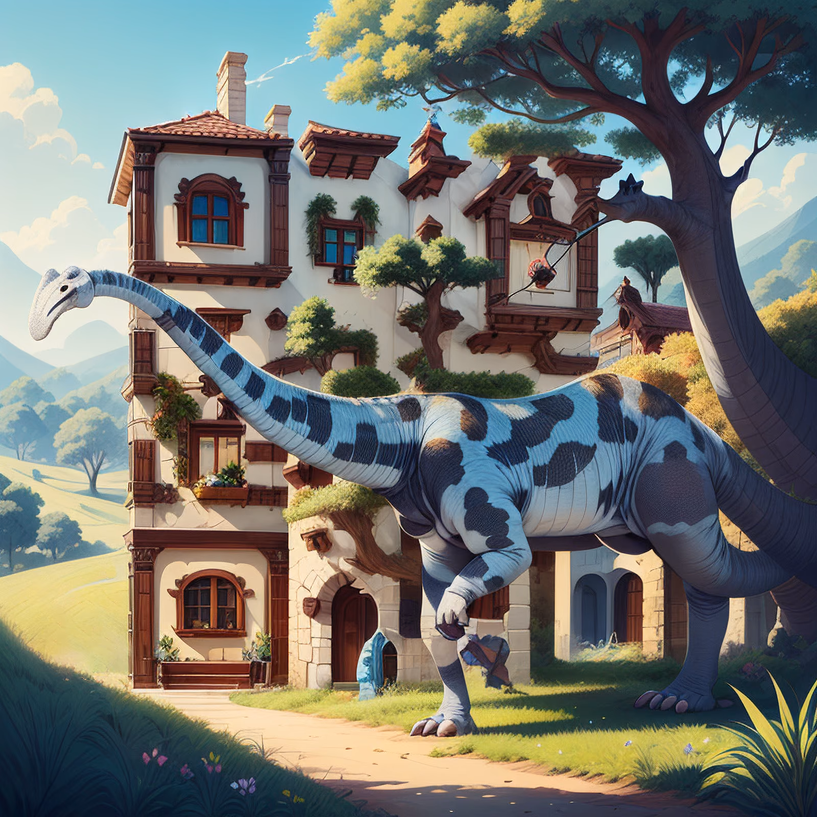 Brachiosaurus Storybook Villa Digital Painting QR Code for Posters — image 1