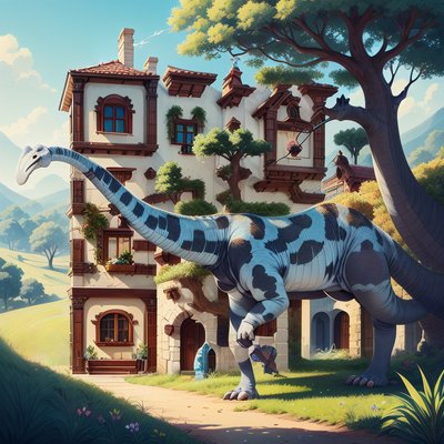 Brachiosaurus Storybook Villa Digital Painting QR Code for Posters