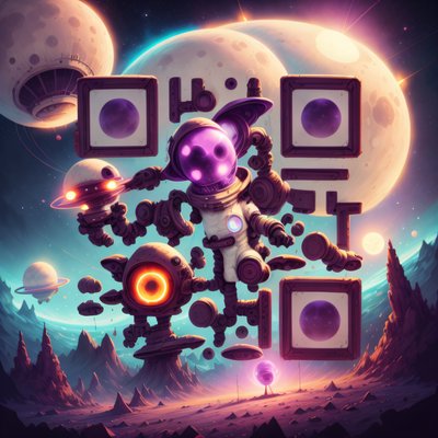 外星飞碟间的宇航员二维码设计，适用于海报