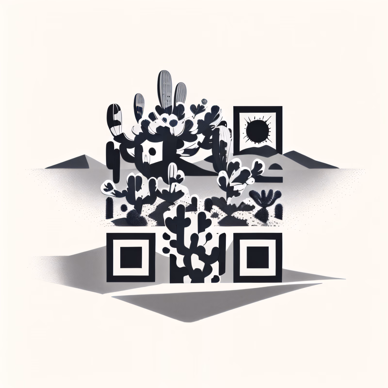 Кактусы в пустыне, рисунок тушью: QR-код как искусство — изображение 1