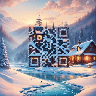 Snowy Winter Cabin Painting QR Code for Greeting Cards