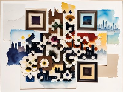 Torn Paper Flower Skyline Collage QR Code Art