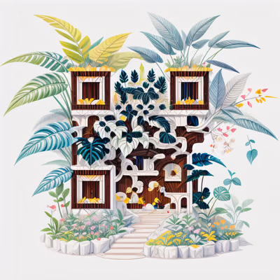 枝叶繁茂的丛林小屋插画二维码艺术 — 图片 1
