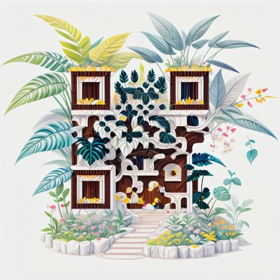 Leafy Jungle House Illustration QR Code Art
