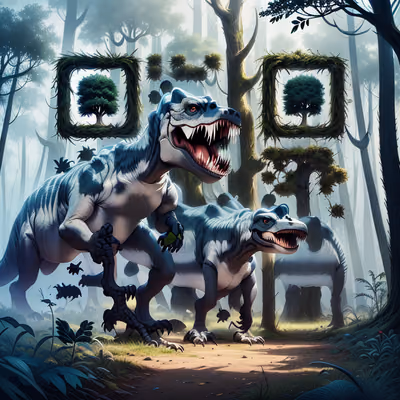Tyrannosaurus Rex Foggy Forest QR Code for Posters — image 1