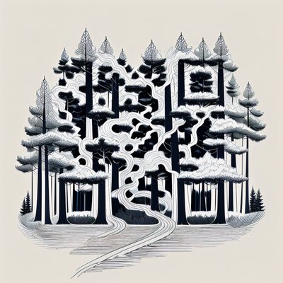 Pine Forest Path Line Art Tree QR Code for Temporary Tattoos