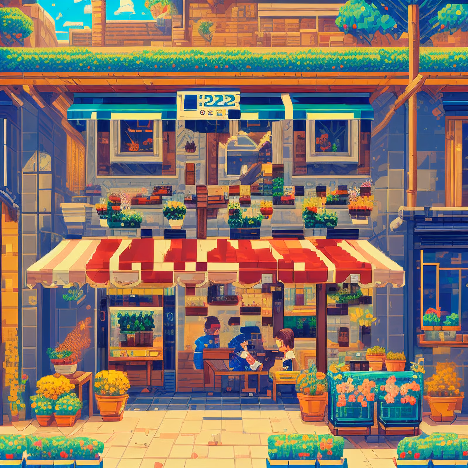 Pixel Art Cafe Storefront Flowers QR Code for Signage — image 1