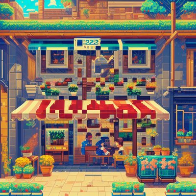 Pixel Art Cafe Storefront Flowers QR Code for Signage