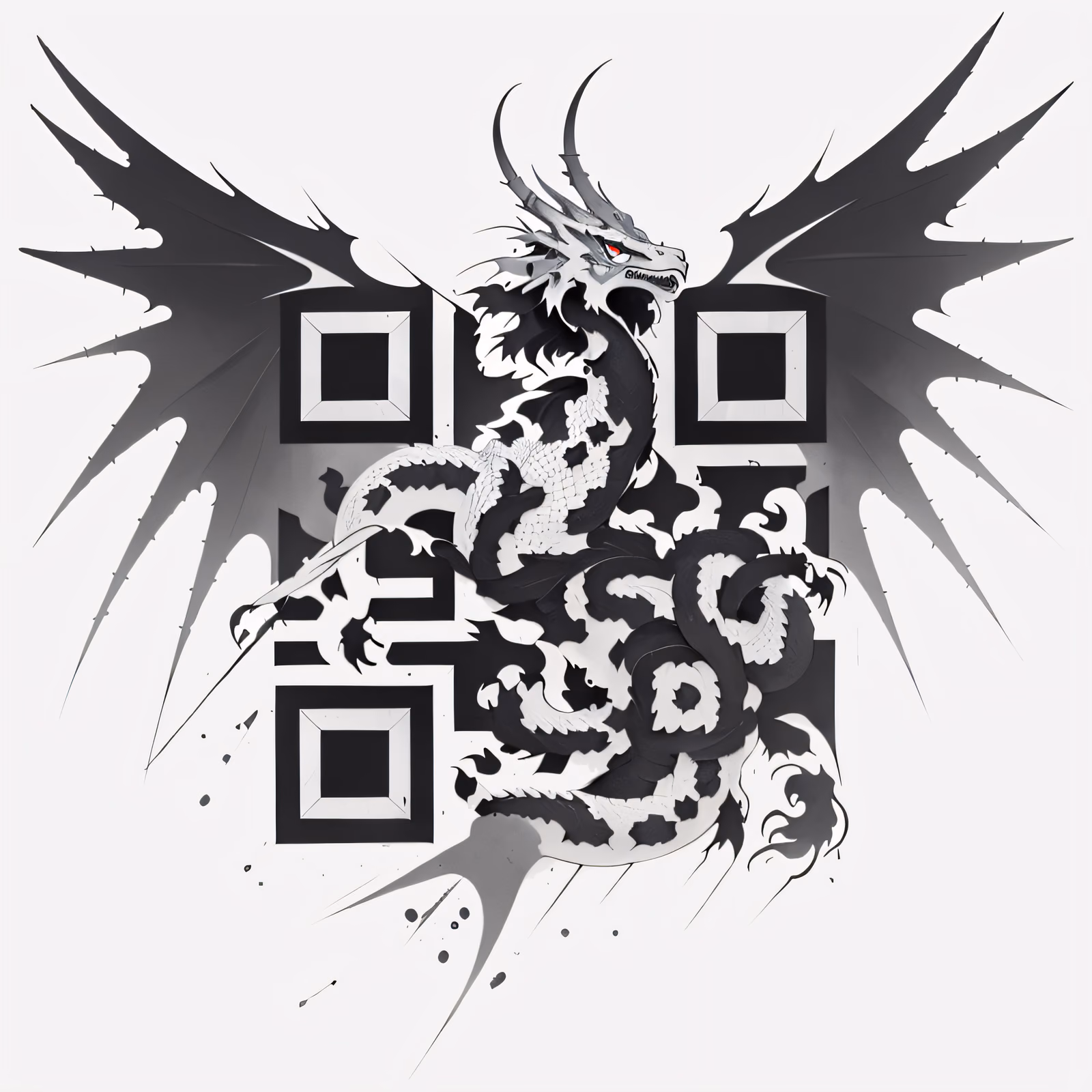 带翼龙墨水纹身风格二维码艺术,适用于临时纹身 — 图片 1