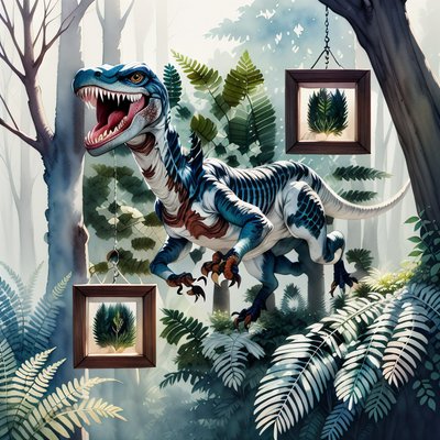 Velociraptor Forest Watercolor Dinosaur QR Code Art