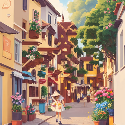 Flowered Village Street Illustration QR Code Art — image 1