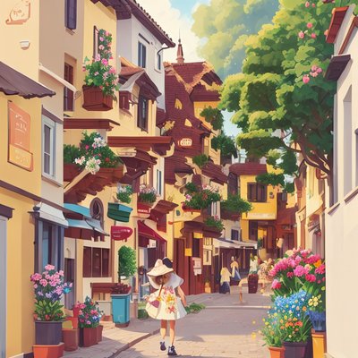 Flowered Village Street Illustration QR Code Art