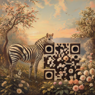 Zebra in Blossoming Orchard Painting QR Code Art — image 1