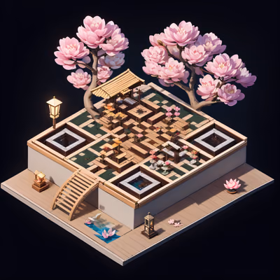 Isometric Tea Pavilion Garden QR Code Art — image 1
