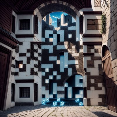 Сюрреалистичный средневековый двор с порталами, QR-код