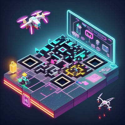 Isometric Neon Drone Repair Shop QR Code for Posters