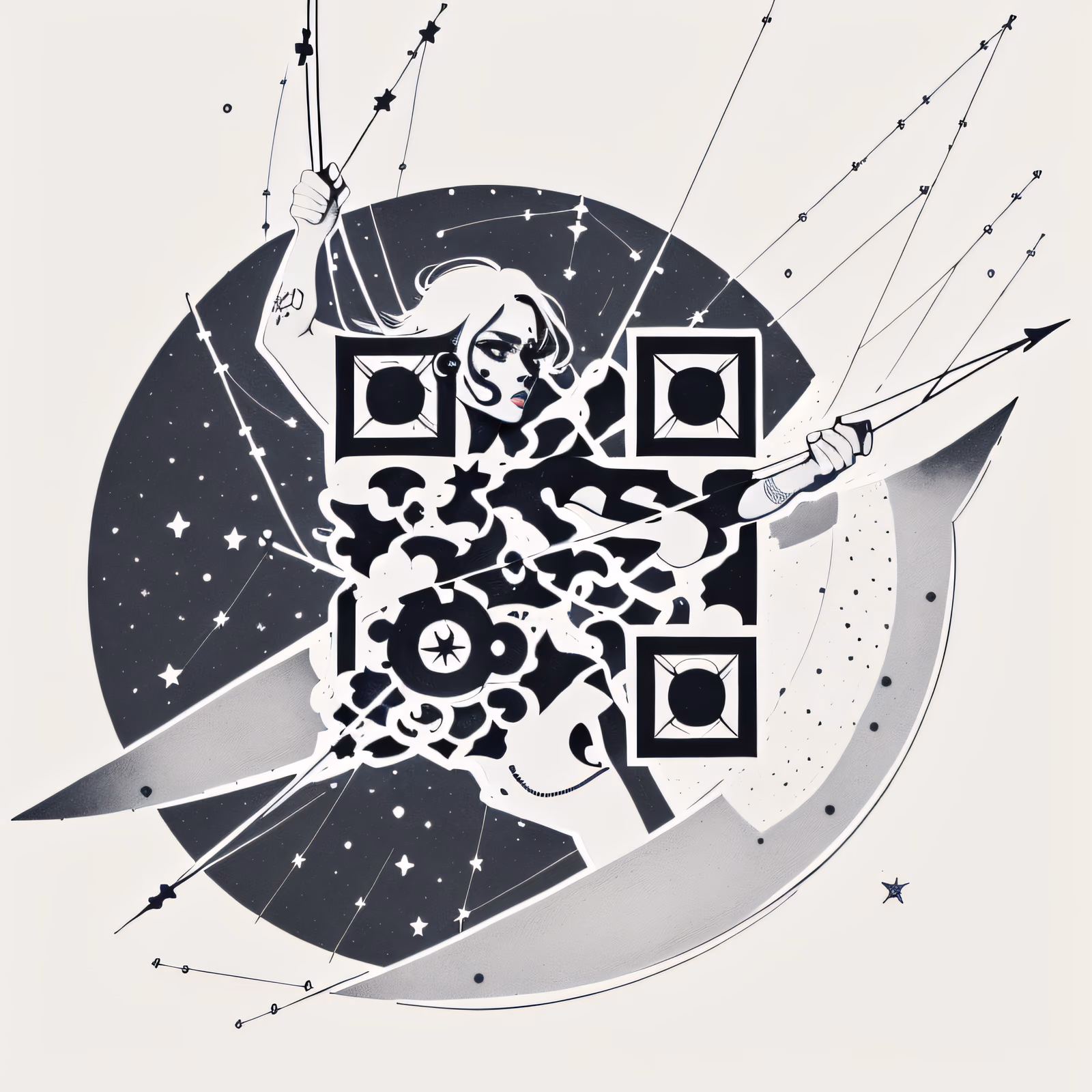 星空射手墨线纹身二维码设计,适用于临时纹身 — 图片 1