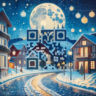 Snowy Christmas Village Night Painting Moon QR Code for Greeting Cards — image 1