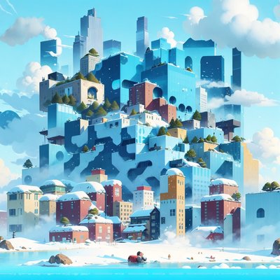 Snowy Hillside City Matte Painting Building QR Code Art