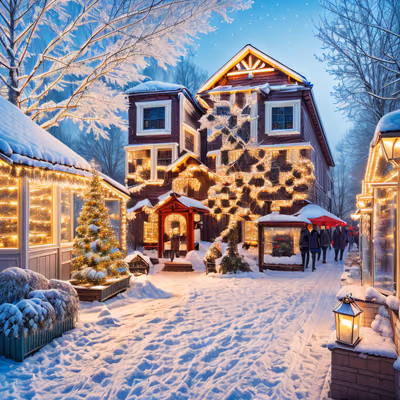 Snowy Christmas Village Digital Painting Christmas Tree QR Code for Greeting Cards — image 1