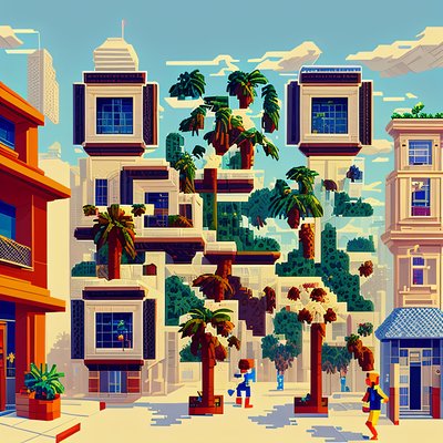Pixel Art City Palm Trees QR Code for Posters