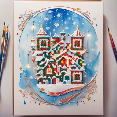 Snowy Christmas Village Watercolor Building QR Code for Greeting Cards — image 1