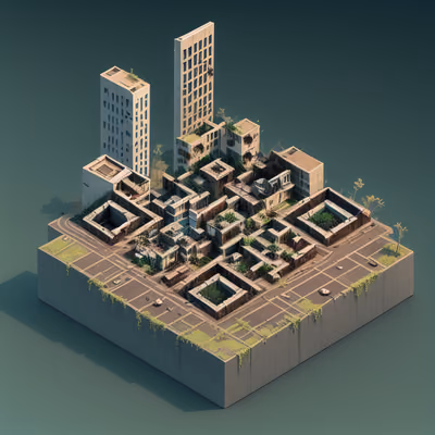 Изометрический разрушенный городской квартал: 3D QR-код для постеров — изображение 1