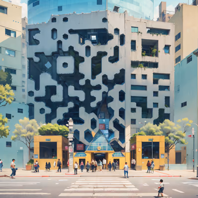 Modernist City Building Illustration QR Code Art — image 1