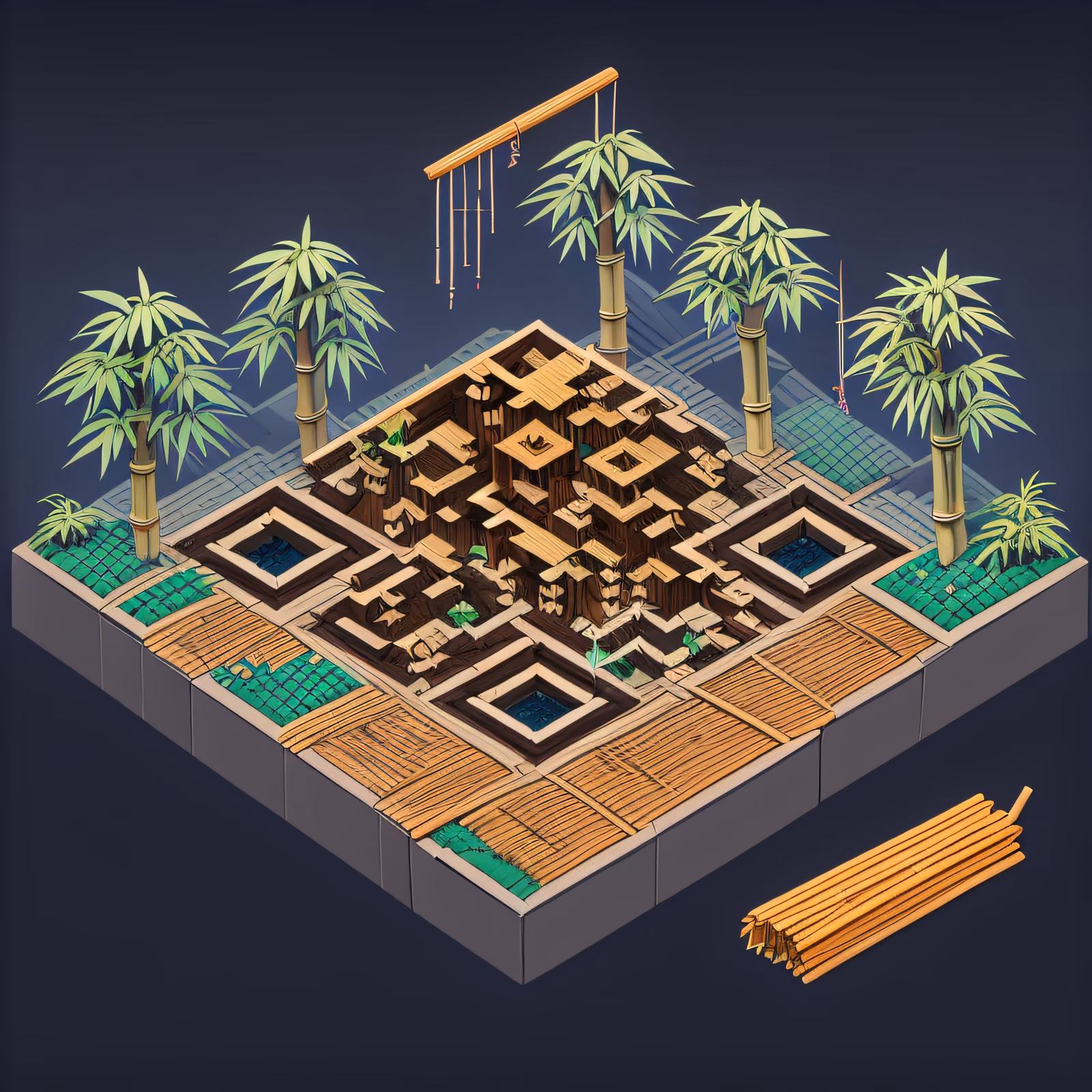 Isometric Bamboo Village 3D QR Code Art — image 1