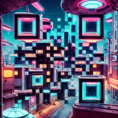 Neon Cyberpunk Cityscape QR Code for Posters