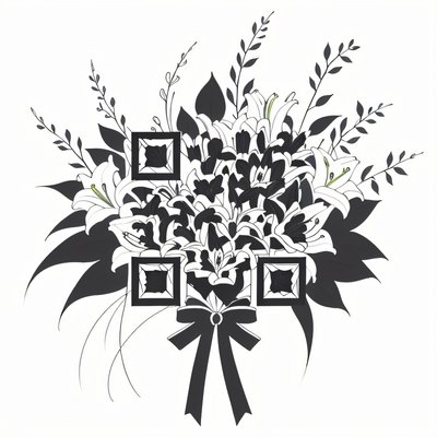 百合花束水墨线稿二维码艺术,适用于临时纹身