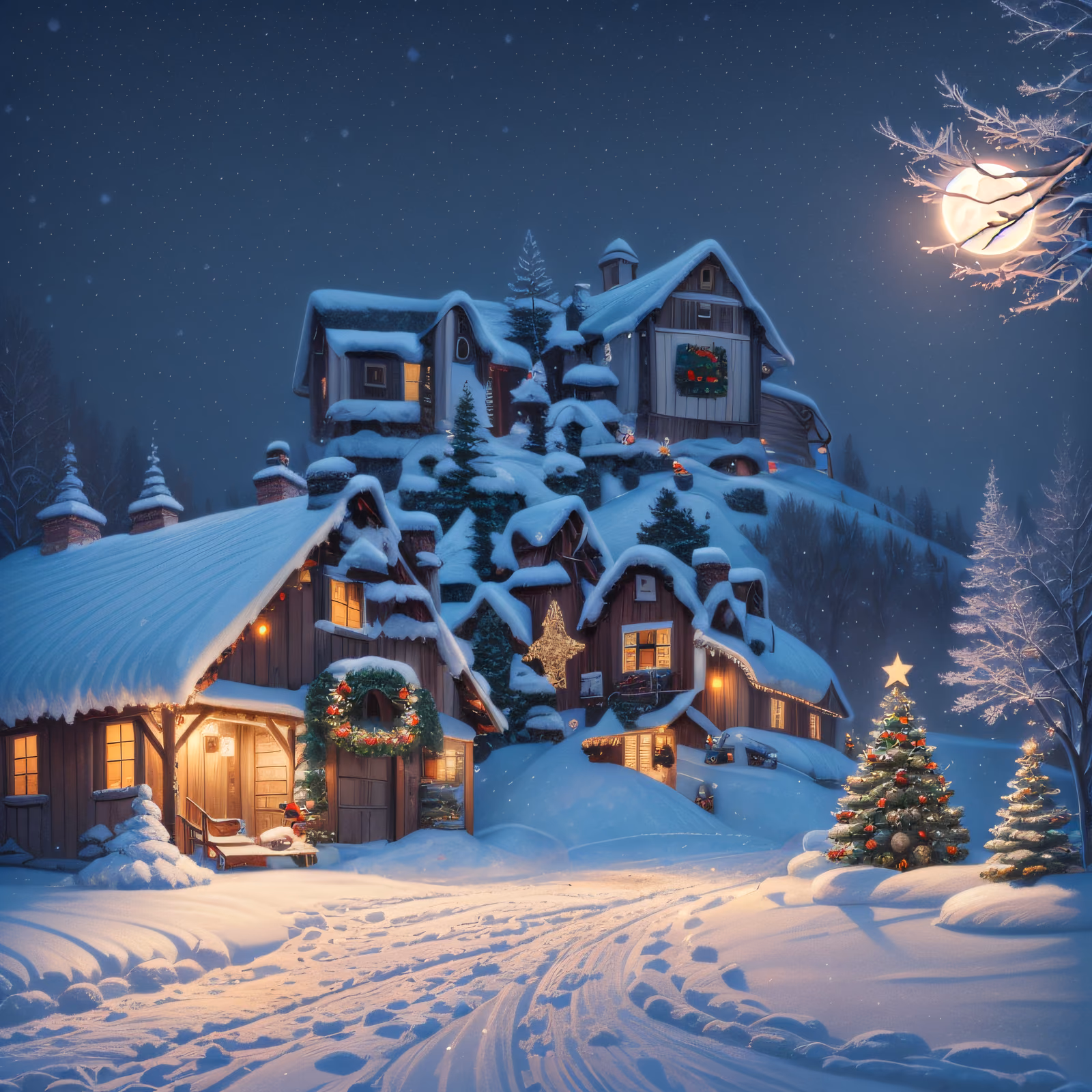 Snowy Christmas Village Digital Painting Moon QR Code for Greeting Cards — image 1