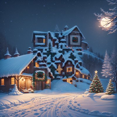 Snowy Christmas Village Digital Painting Moon QR Code for Greeting Cards