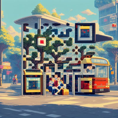 Pixel Art City Bus Stop QR Code for Posters