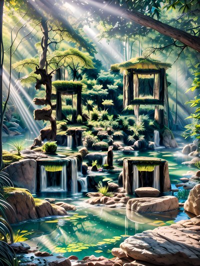 Forest Pond Waterfall Landscape QR Code Art
