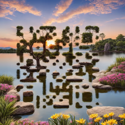 Закат над озером, фотореалистичный пейзаж: QR-код арт — изображение 1