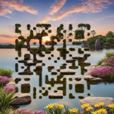 Закат над озером, фотореалистичный пейзаж: QR-код арт