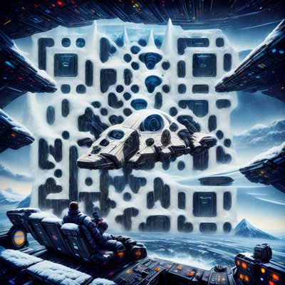 Ледяная кабина космолёта: цифровой пейзаж, QR-код