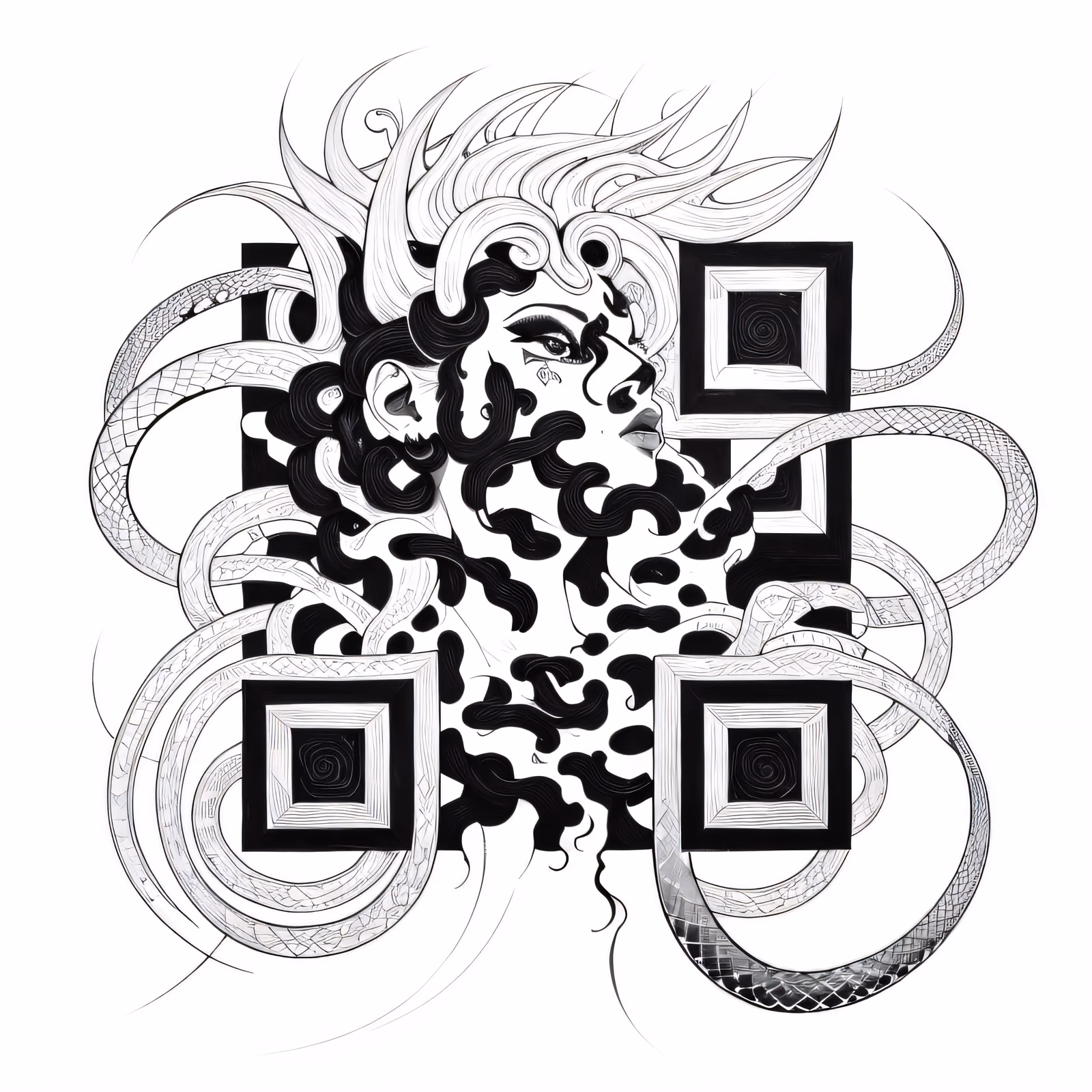 Медуза со змеями вместо волос: QR-код в стиле чернильной татуировки для временных татуировок — изображение 1