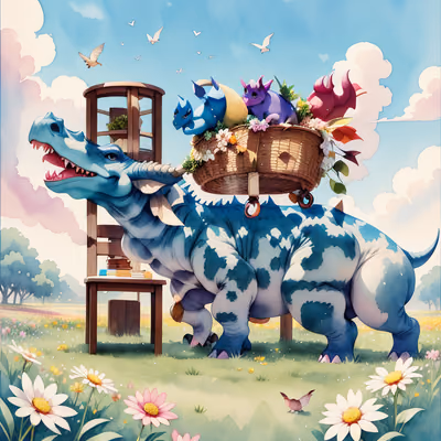 Triceratops in Flower Field Watercolor QR Code Art — image 1