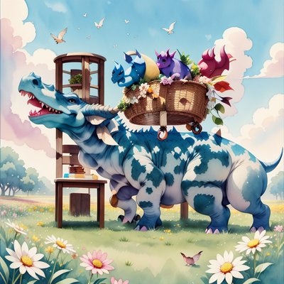 Triceratops in Flower Field Watercolor QR Code Art