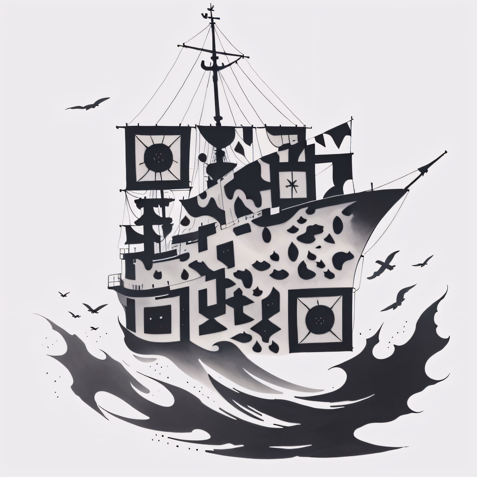 Корабль-призрак в стиле татуировки тушью, QR-код для временных тату — изображение 1