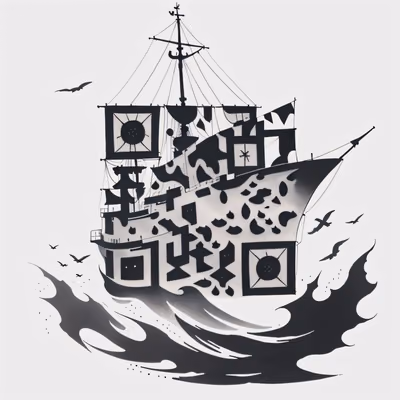 Корабль-призрак в стиле татуировки тушью, QR-код для временных тату — изображение 1