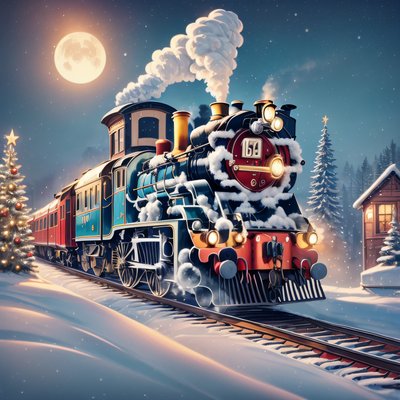 Christmas Steam Train Digital Painting Christmas Tree QR Code for Greeting Cards