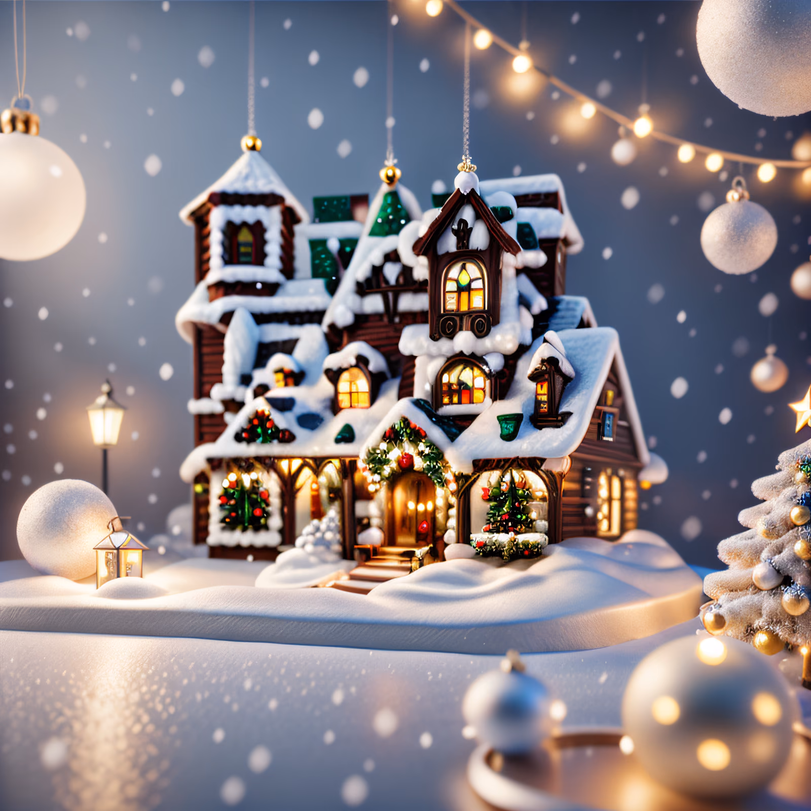 Snowy Christmas House 3D Render Winter QR Code for Greeting Cards — image 1